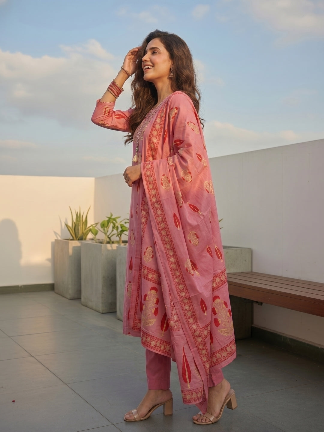Ethnic Buta Print Mirror Work Straight Kurta with Palazzo & Dupatta - Pink