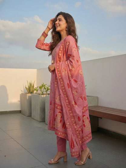 Ethnic Buta Print Mirror Work Straight Kurta with Palazzo & Dupatta - Pink