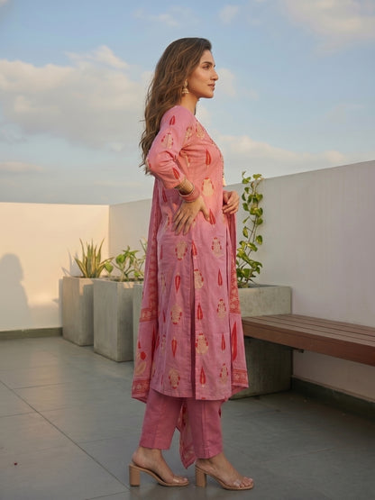 Ethnic Buta Print Mirror Work Straight Kurta with Palazzo & Dupatta - Pink