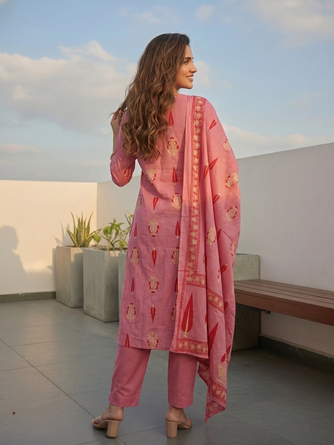 Ethnic Buta Print Mirror Work Straight Kurta with Palazzo & Dupatta - Pink