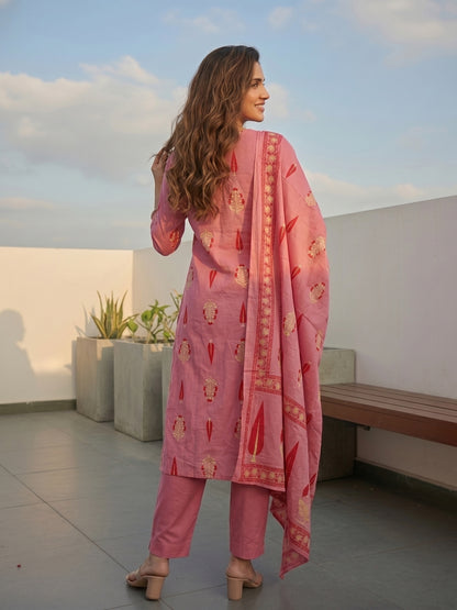 Ethnic Buta Print Mirror Work Straight Kurta with Palazzo & Dupatta - Pink