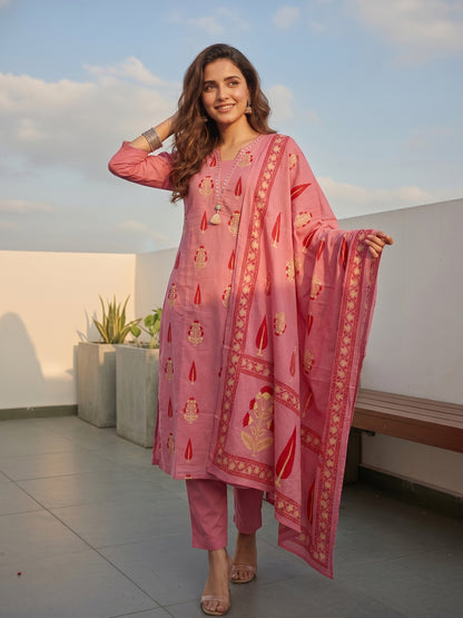Ethnic Buta Print Mirror Work Straight Kurta with Palazzo & Dupatta - Pink