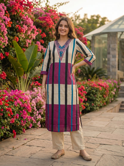 Geometric Stripe Printed & Sequin Straight Kurta with Pant - Purple & Cream