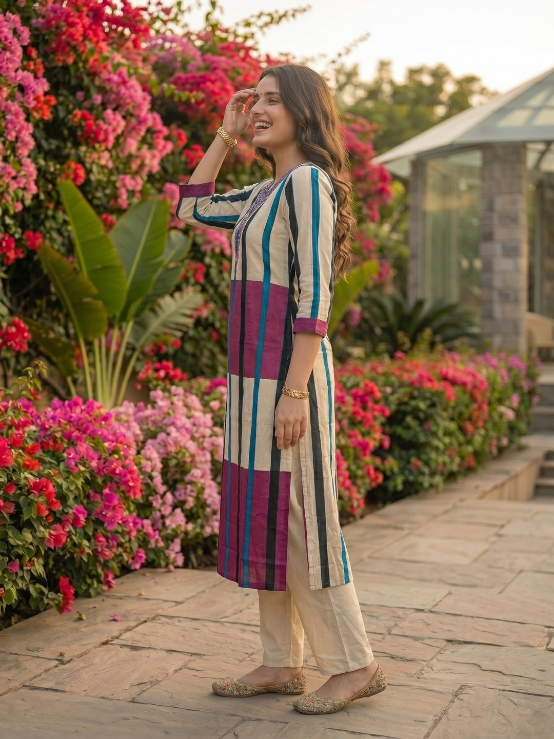Geometric Stripe Printed & Sequin Straight Kurta with Pant - Purple & Cream