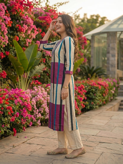 Geometric Stripe Printed & Sequin Straight Kurta with Pant - Purple & Cream