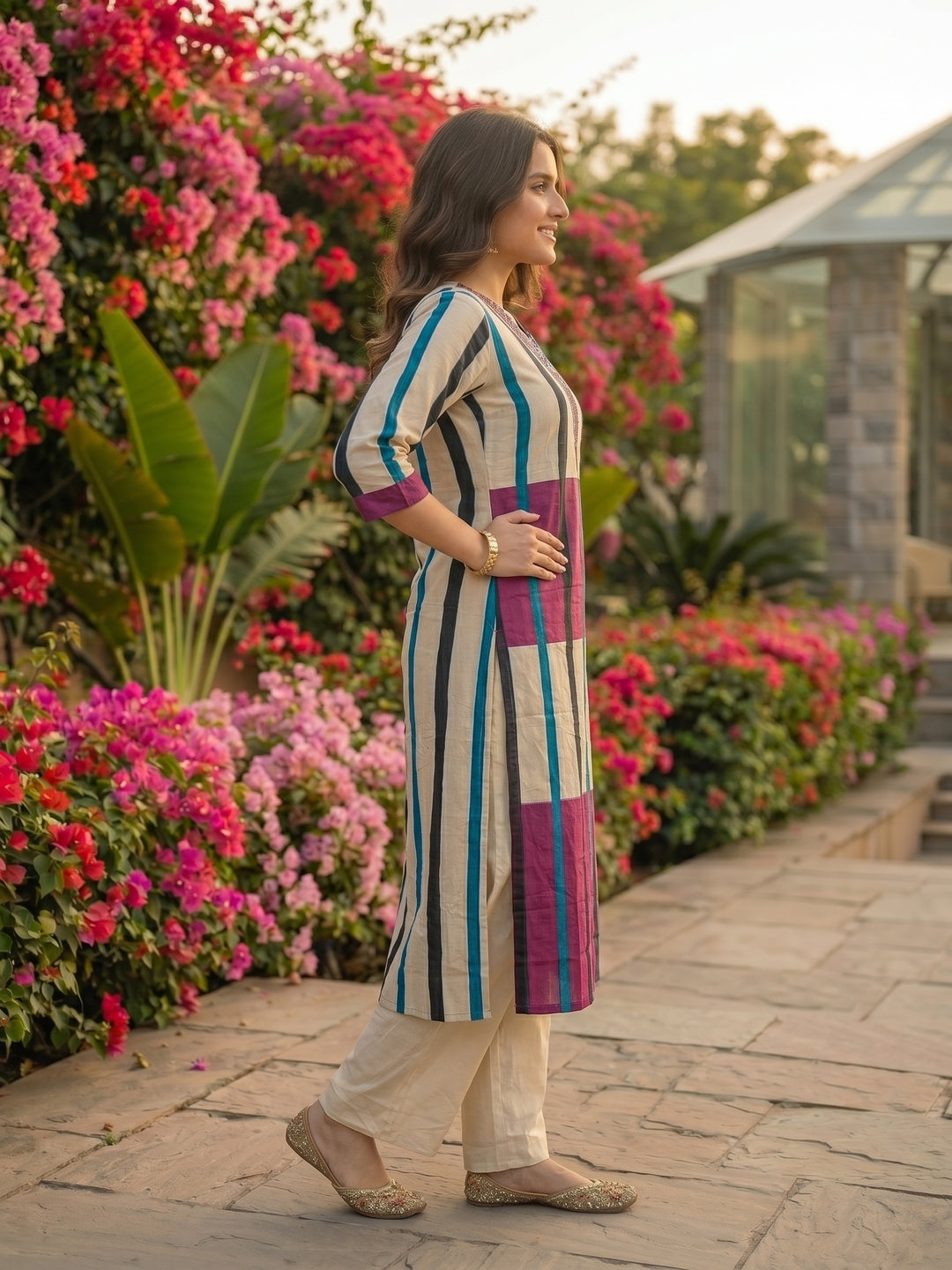 Geometric Stripe Printed & Sequin Straight Kurta with Pant - Purple & Cream