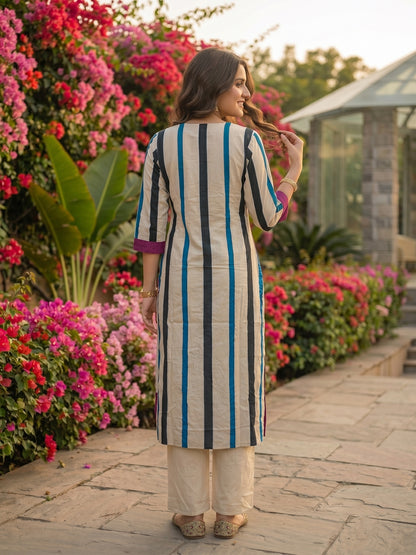 Geometric Stripe Printed & Sequin Straight Kurta with Pant - Purple & Cream