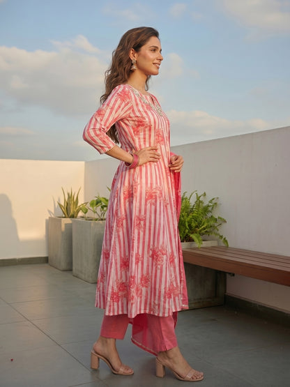 Floral Striped Mirror Work Anarkali Kurta with Pant & Dupatta - Pink