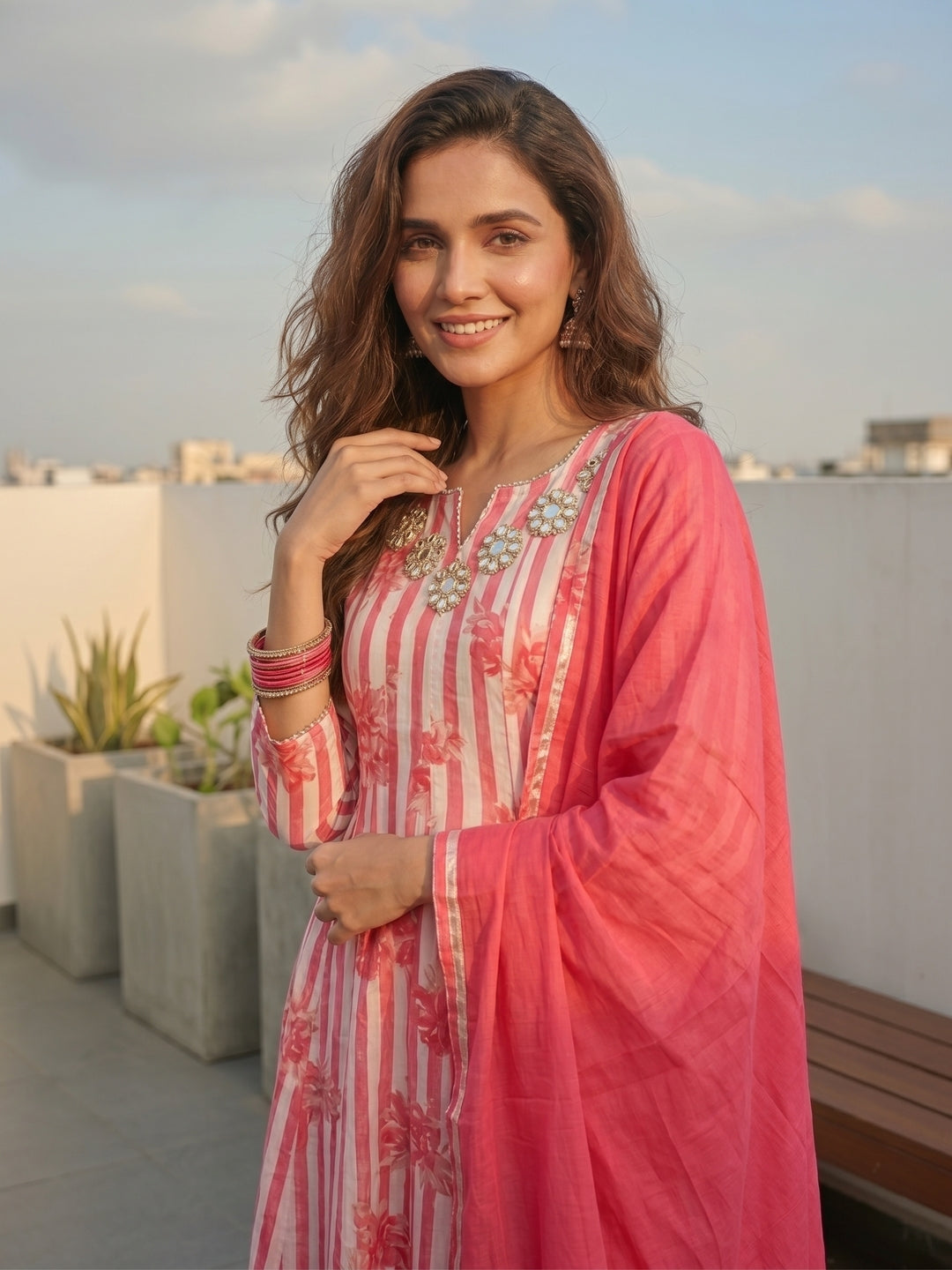Floral Striped Mirror Work Anarkali Kurta with Pant & Dupatta - Pink