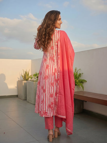 Floral Striped Mirror Work Anarkali Kurta with Pant & Dupatta - Pink