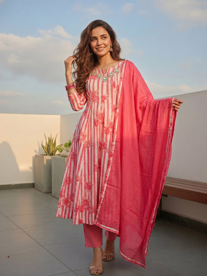 Floral Striped Mirror Work Anarkali Kurta with Pant & Dupatta - Pink