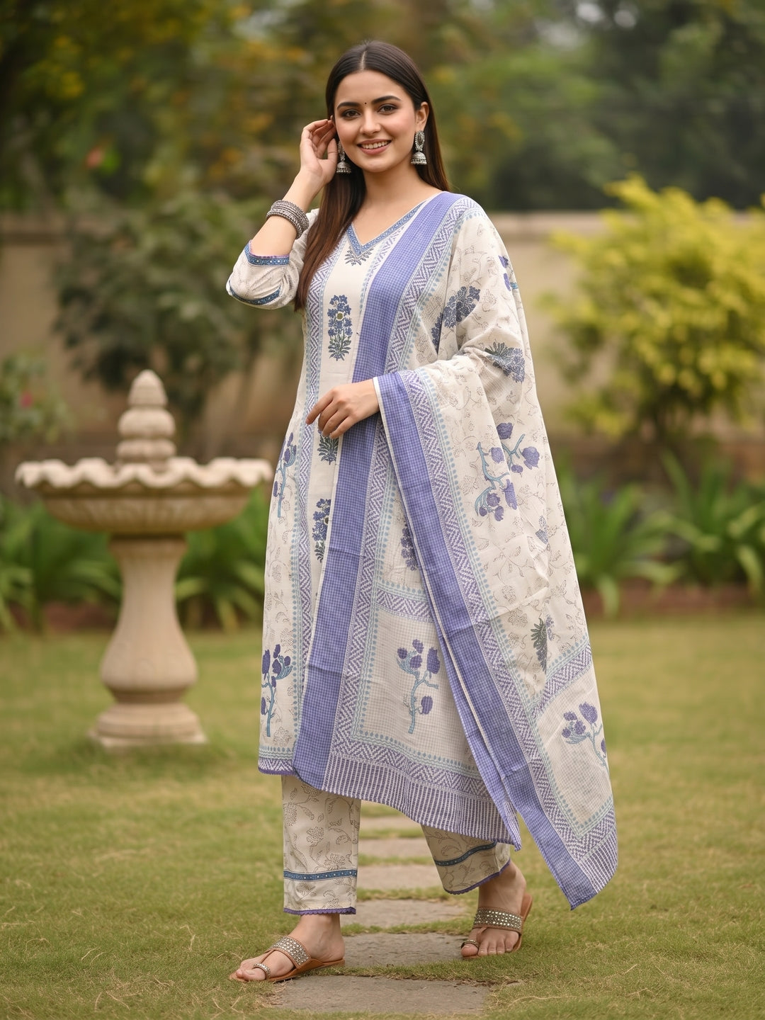 Floral Block Printed Embroidered Straight Kurta with Palazzo & Dupatta - Lavender