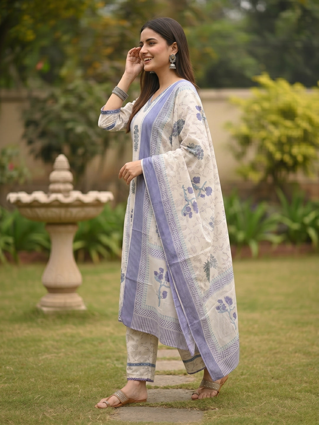 Floral Block Printed Embroidered Straight Kurta with Palazzo & Dupatta - Lavender