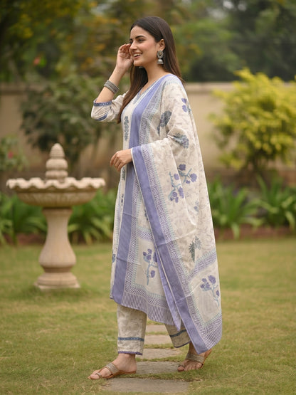 Floral Block Printed Embroidered Straight Kurta with Palazzo & Dupatta - Lavender
