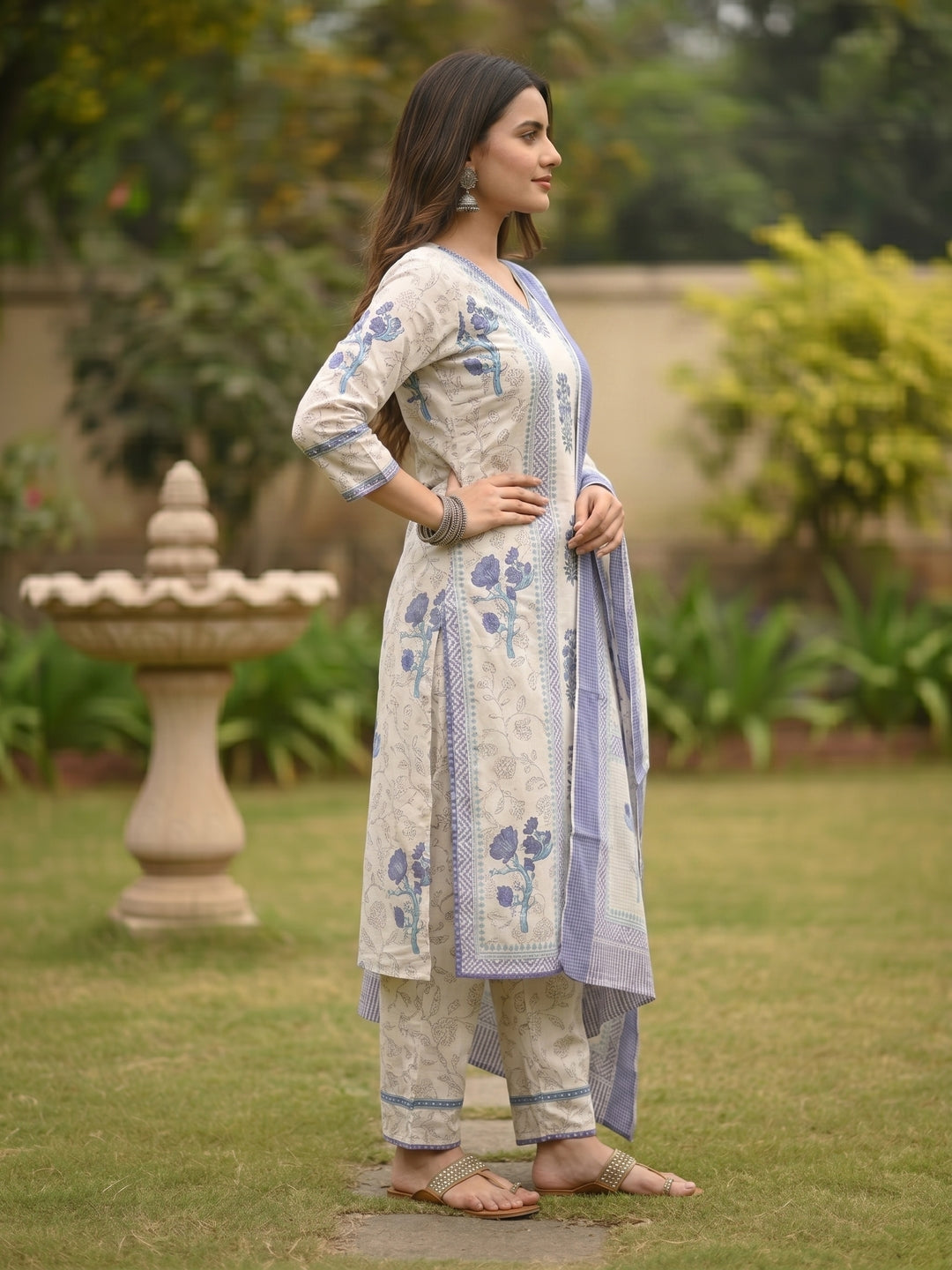 Floral Block Printed Embroidered Straight Kurta with Palazzo & Dupatta - Lavender