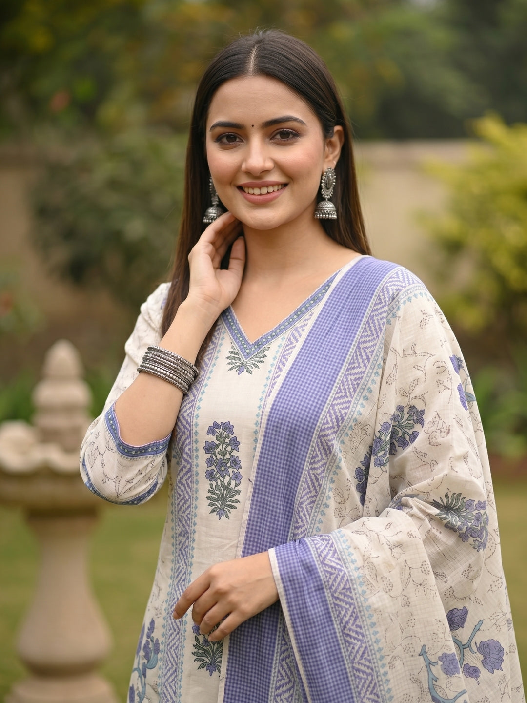 Floral Block Printed Embroidered Straight Kurta with Palazzo & Dupatta - Lavender