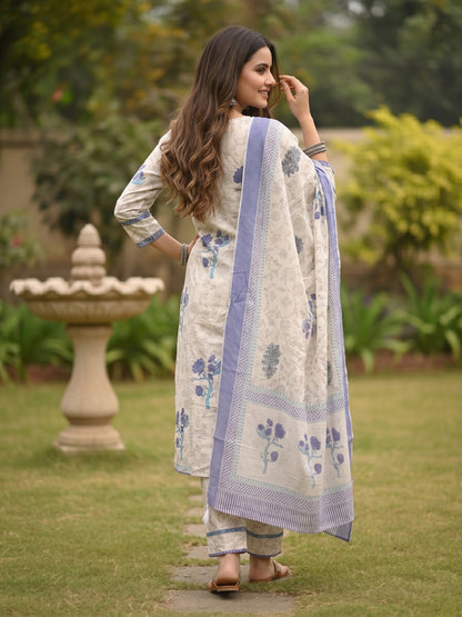 Floral Block Printed Embroidered Straight Kurta with Palazzo & Dupatta - Lavender