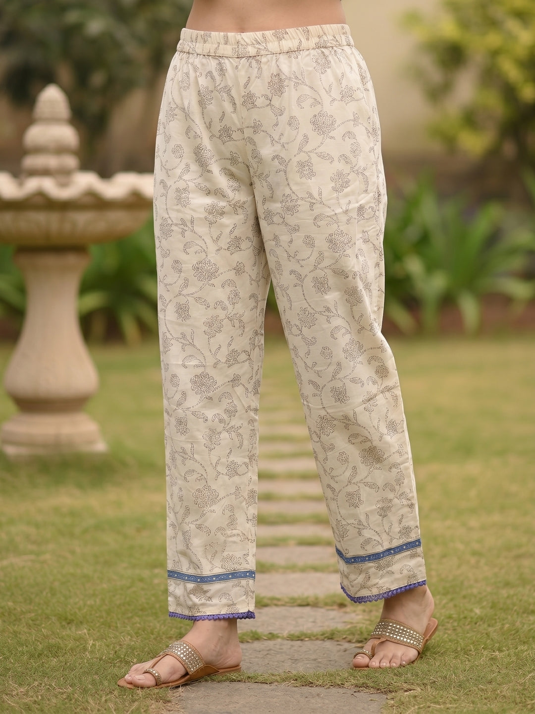 Floral Block Printed Embroidered Straight Kurta with Palazzo & Dupatta - Lavender