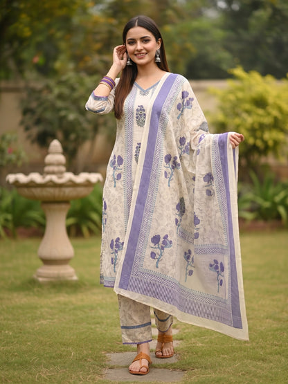 Floral Block Printed Embroidered Straight Kurta with Palazzo & Dupatta - Lavender