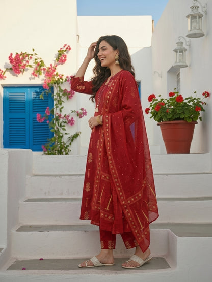Ethnic Buta Printed & Mirror Work Straight Kurta with Palazzo & Dupatta - Maroon