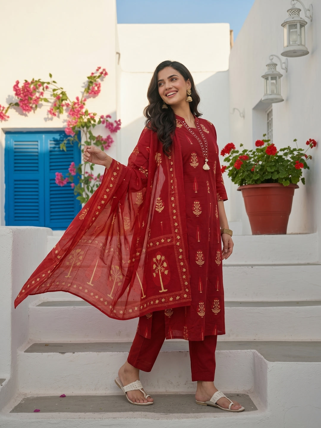 Ethnic Buta Printed & Mirror Work Straight Kurta with Palazzo & Dupatta - Maroon