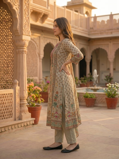 Floral Printed Mirror Work Straight Kurta with Palazzo & Dupatta - Mint Green