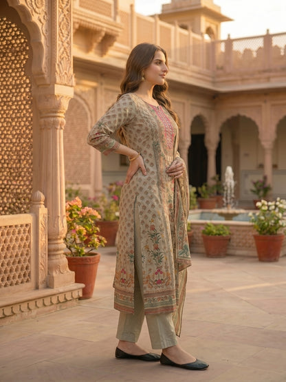 Floral Printed Mirror Work Straight Kurta with Palazzo & Dupatta - Mint Green