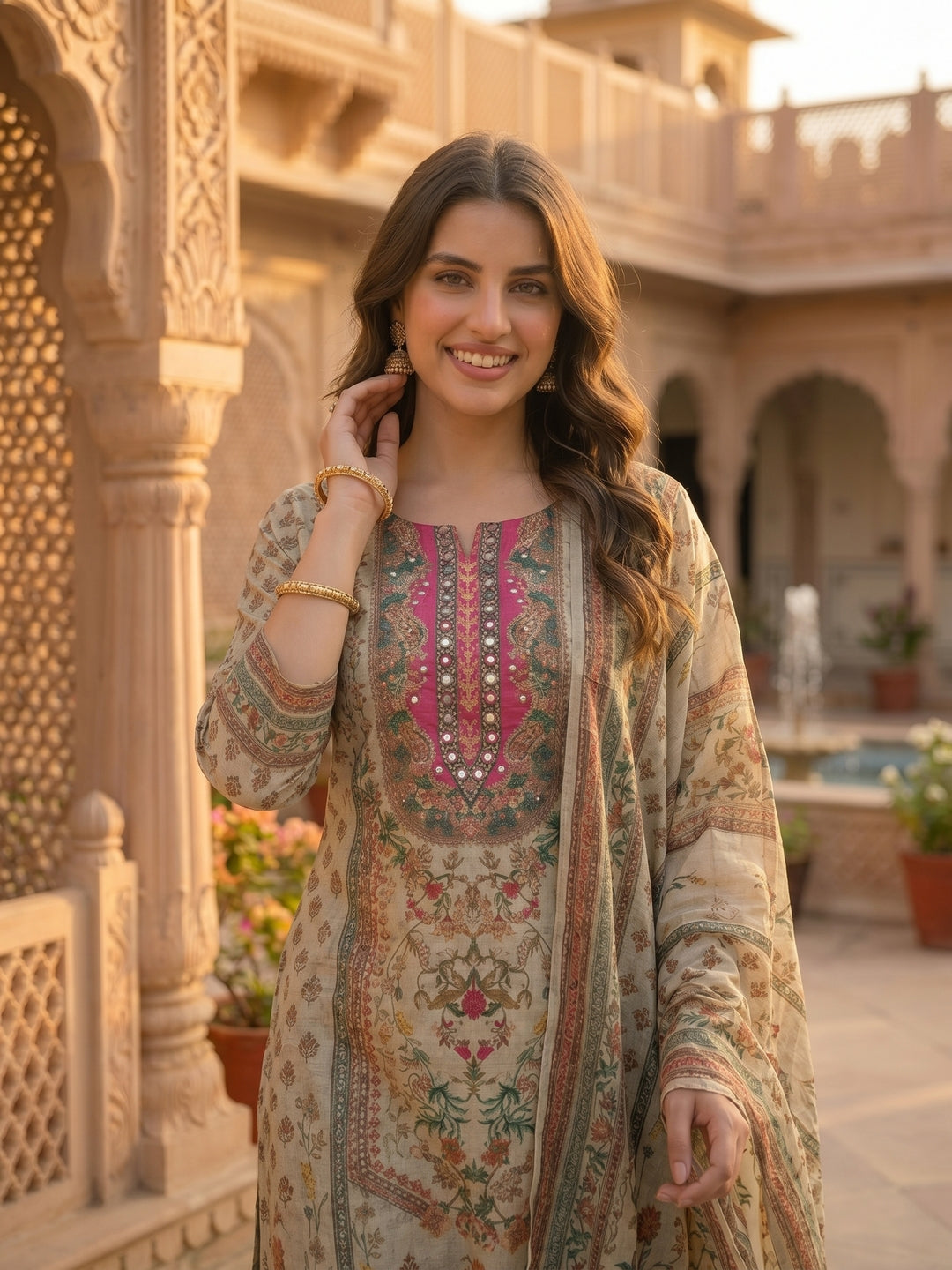 Floral Printed Mirror Work Straight Kurta with Palazzo & Dupatta - Mint Green