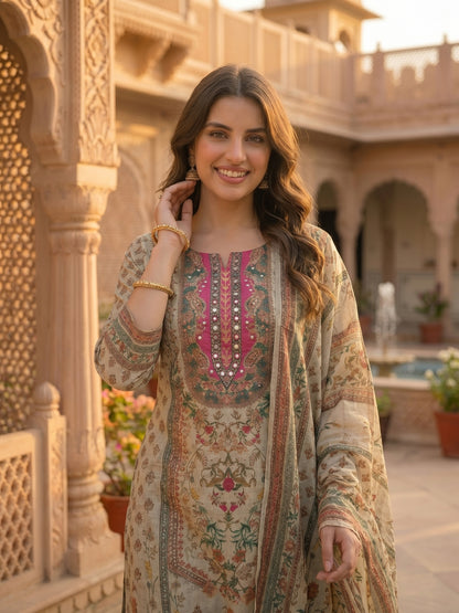 Floral Printed Mirror Work Straight Kurta with Palazzo & Dupatta - Mint Green