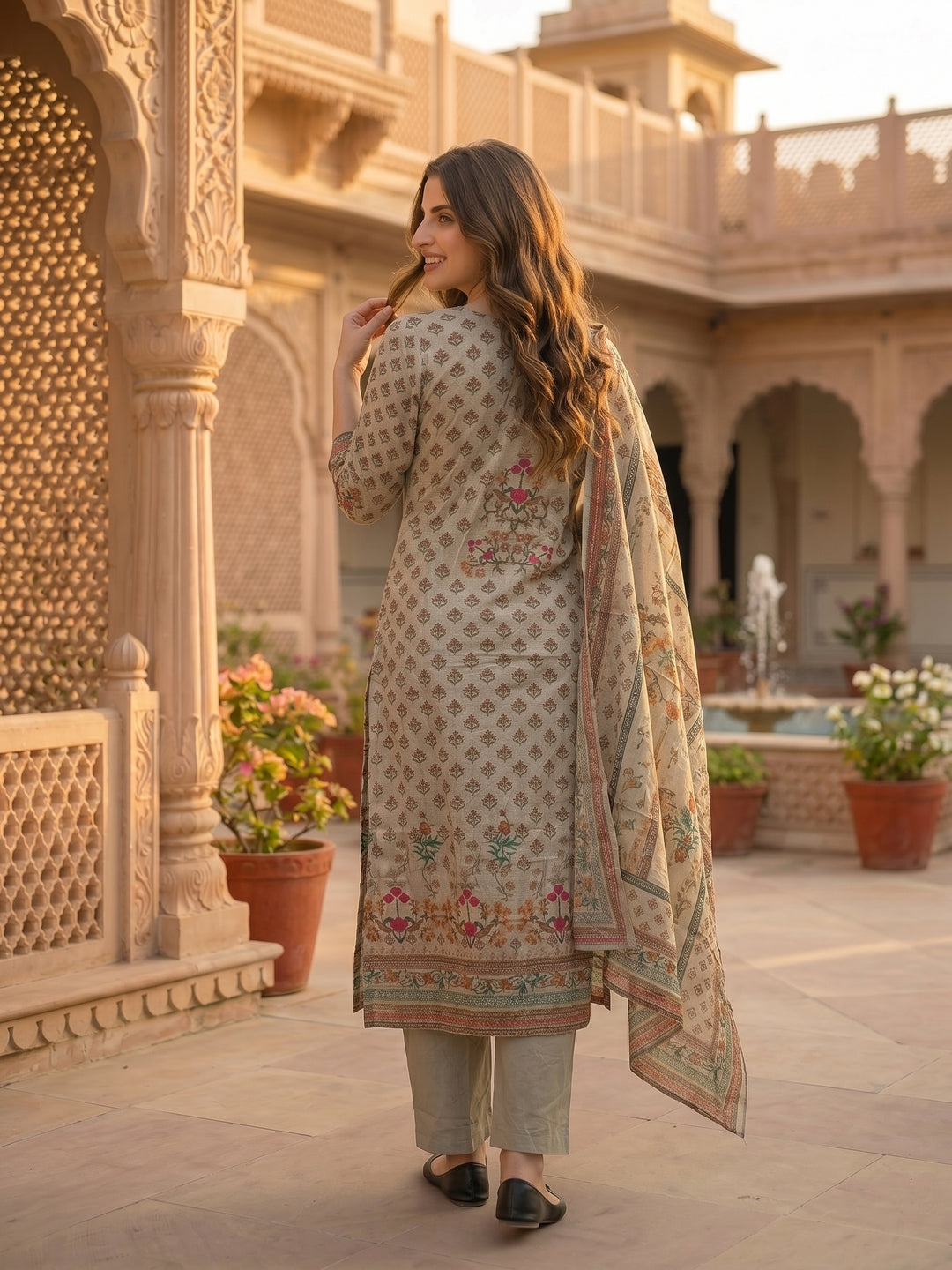 Floral Printed Mirror Work Straight Kurta with Palazzo & Dupatta - Mint Green