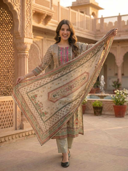 Floral Printed Mirror Work Straight Kurta with Palazzo & Dupatta - Mint Green