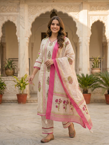 Ethnic Print Embroidered Straight Kurta with Pyjamas & Dupatta - Pink