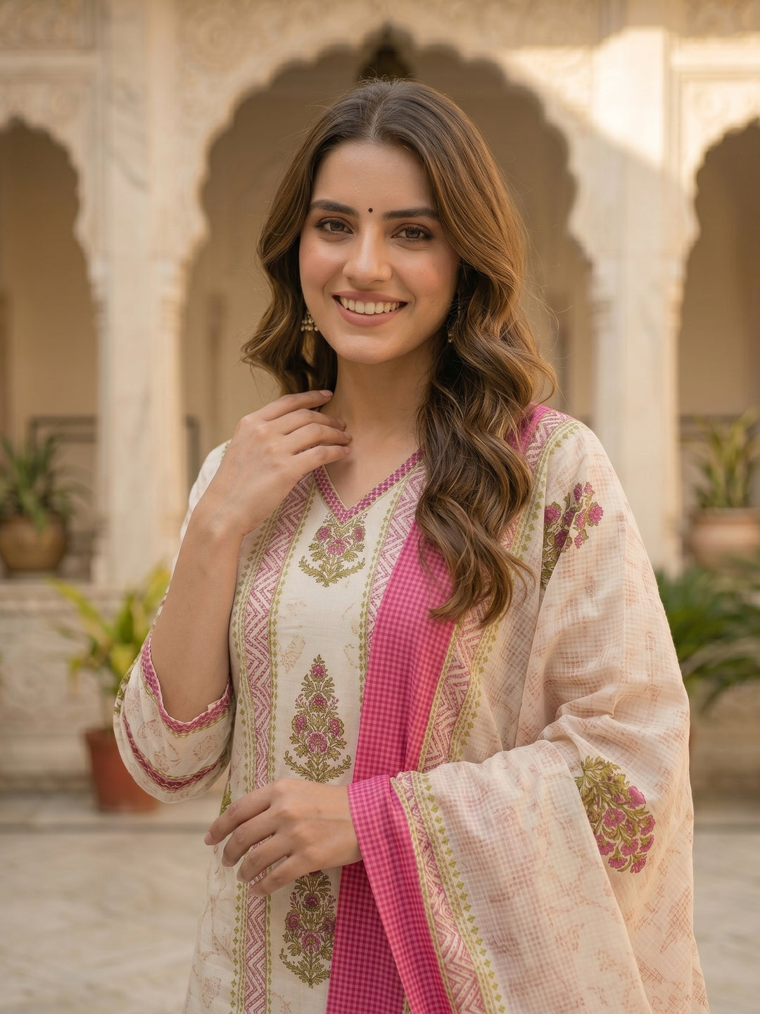 Ethnic Print Embroidered Straight Kurta with Pyjamas & Dupatta - Pink