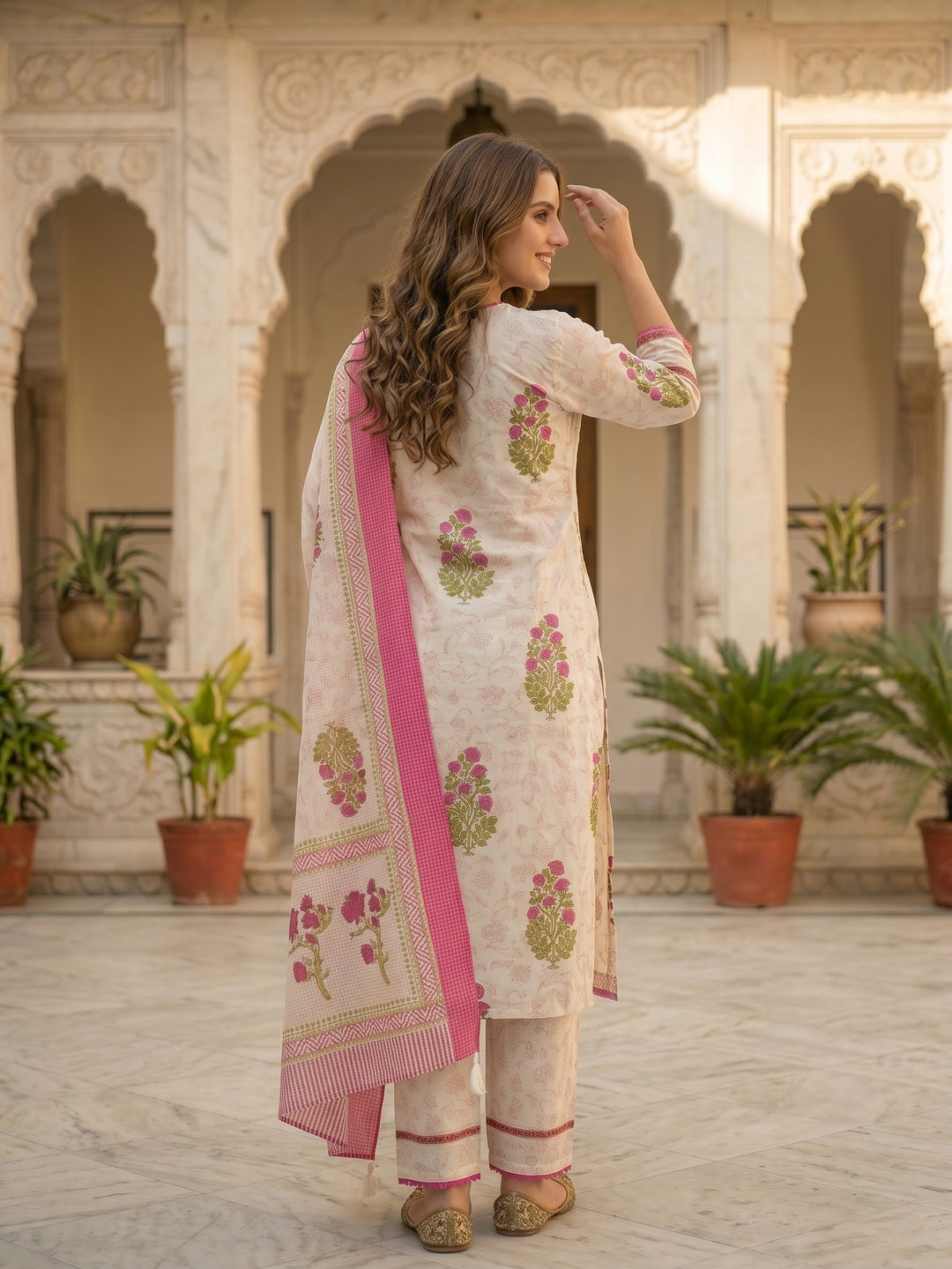 Ethnic Print Embroidered Straight Kurta with Pyjamas & Dupatta - Pink