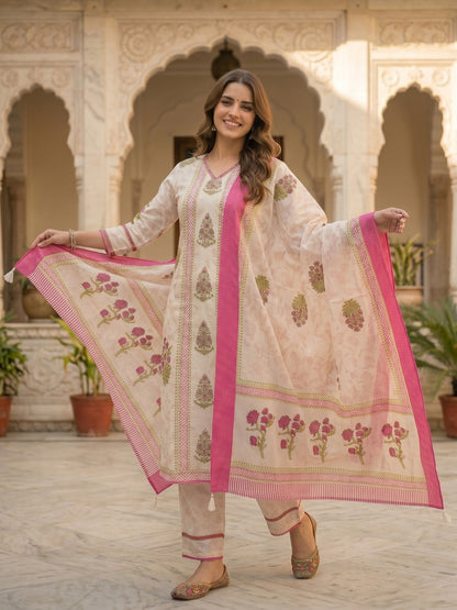 Ethnic Print Embroidered Straight Kurta with Pyjamas & Dupatta - Pink