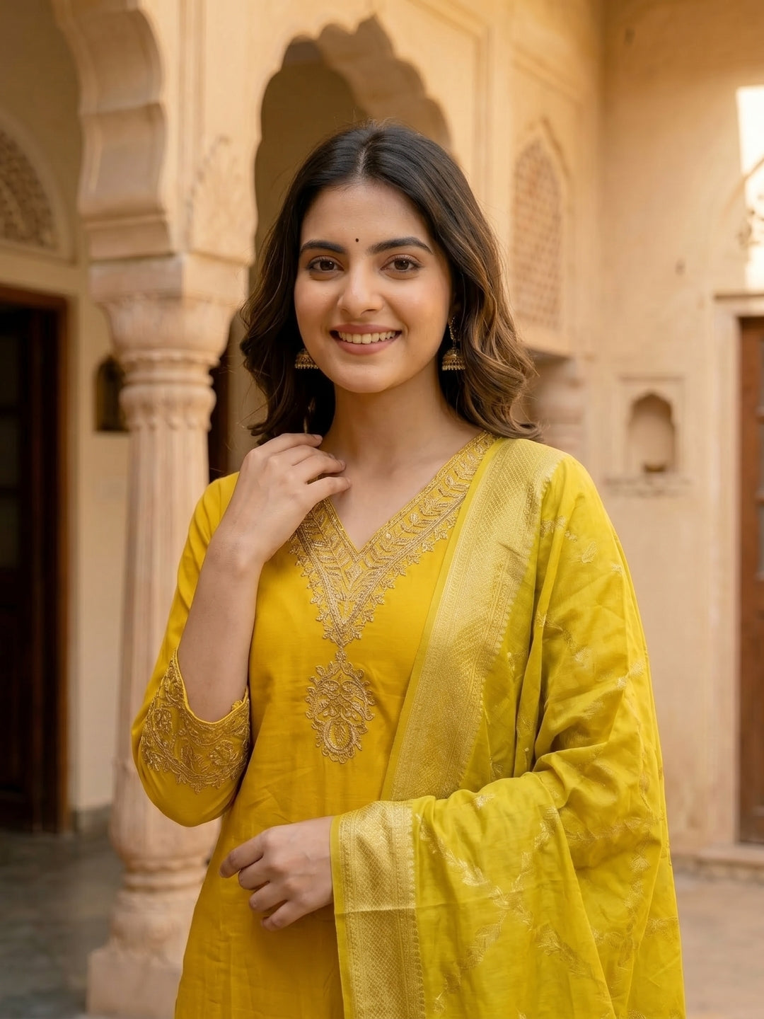 Yellow Solid Floral Hand Embroidered Straight Kurta with Pant & Dupatta