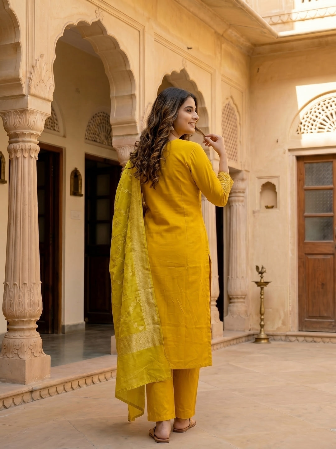 Yellow Solid Floral Hand Embroidered Straight Kurta with Pant & Dupatta