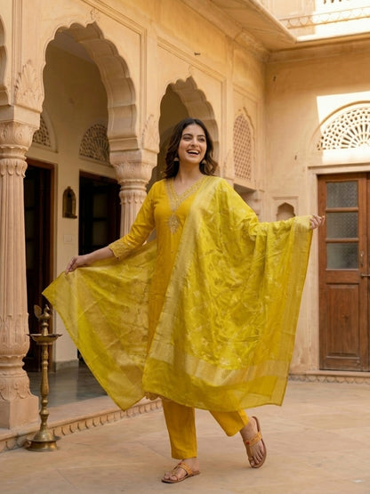 Yellow Solid Floral Hand Embroidered Straight Kurta with Pant & Dupatta