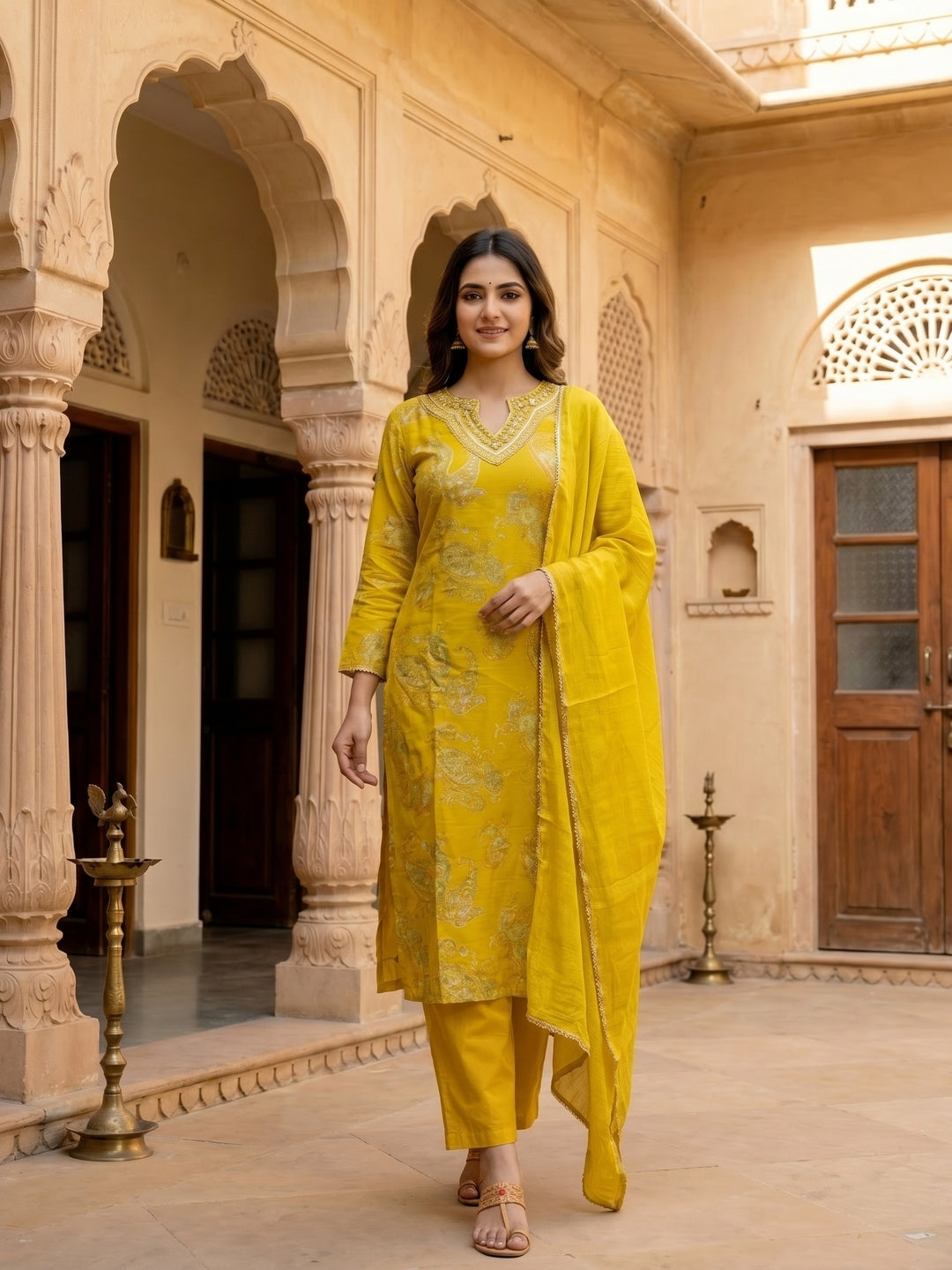 Floral Printed Embroidered Straight Kurta with Pant & Dupatta - Sunshine Yellow