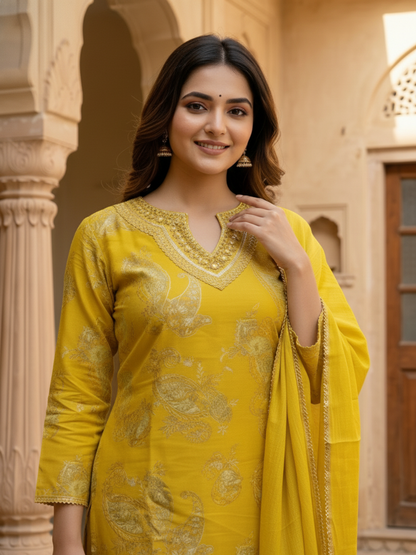 Floral Printed Embroidered Straight Kurta with Pant & Dupatta - Sunshine Yellow