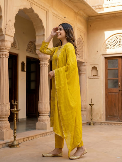 Floral Printed Embroidered Straight Kurta with Pant & Dupatta - Sunshine Yellow