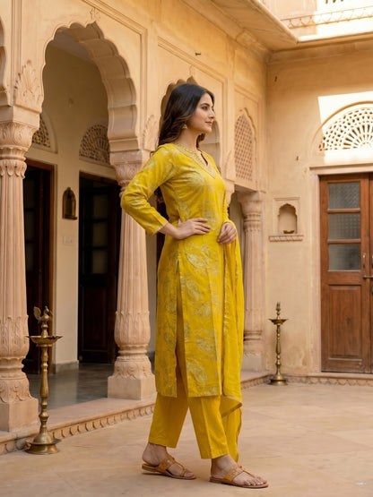 Floral Printed Embroidered Straight Kurta with Pant & Dupatta - Sunshine Yellow