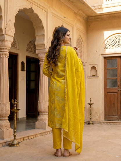Floral Printed Embroidered Straight Kurta with Pant & Dupatta - Sunshine Yellow