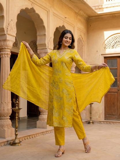 Floral Printed Embroidered Straight Kurta with Pant & Dupatta - Sunshine Yellow