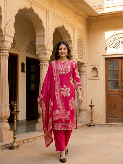 Ethnic Floral Printed & Thread Mirror Work Embroidered Straight Kurta with Palazzo & Dupatta - Pink