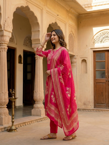 Ethnic Floral Printed & Thread Mirror Work Embroidered Straight Kurta with Palazzo & Dupatta - Pink