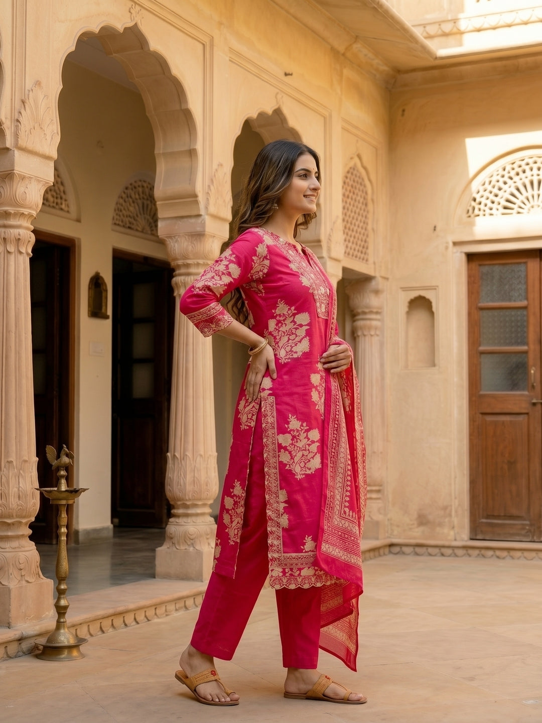 Ethnic Floral Printed & Thread Mirror Work Embroidered Straight Kurta with Palazzo & Dupatta - Pink