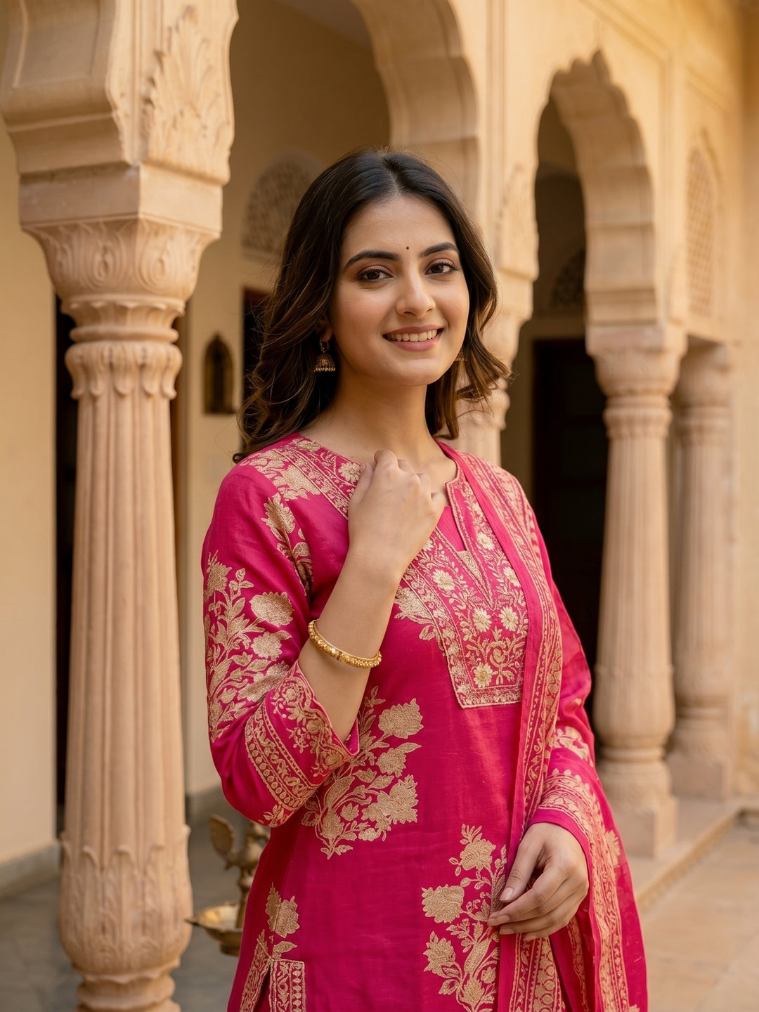 Ethnic Floral Printed & Thread Mirror Work Embroidered Straight Kurta with Palazzo & Dupatta - Pink