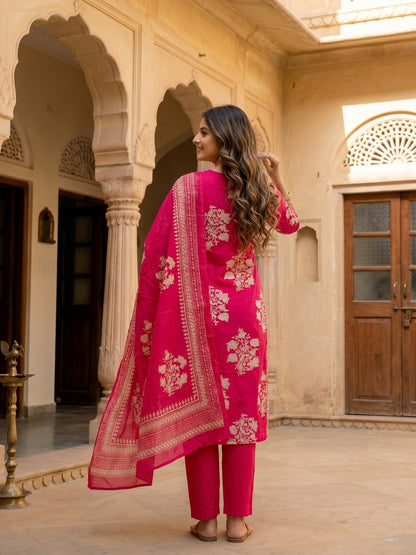 Ethnic Floral Printed & Thread Mirror Work Embroidered Straight Kurta with Palazzo & Dupatta - Pink