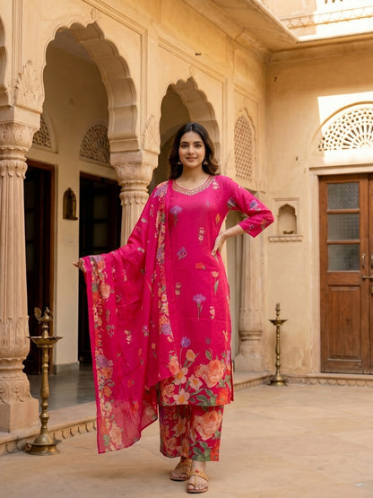 Fuchsia Pink Floral Printed Kurta Set with Straight Pants & Dupatta